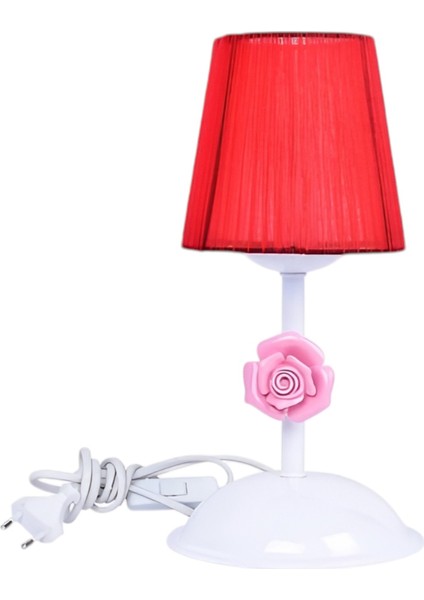Açelya Modern Lüx Masa Lambası – Kırmızı Başlıklı, Pembe Güllü, Beyaz Gövdeli