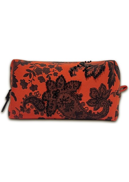 El Yapımı Boncuk İşlemeli Organizer Çanta - Neopren Kumaş - Fermuarlı - Çok amaçlı -Makyaj / Kalemlik / Seyahat Çantası (20x11x11 cm) - Geniş Boy