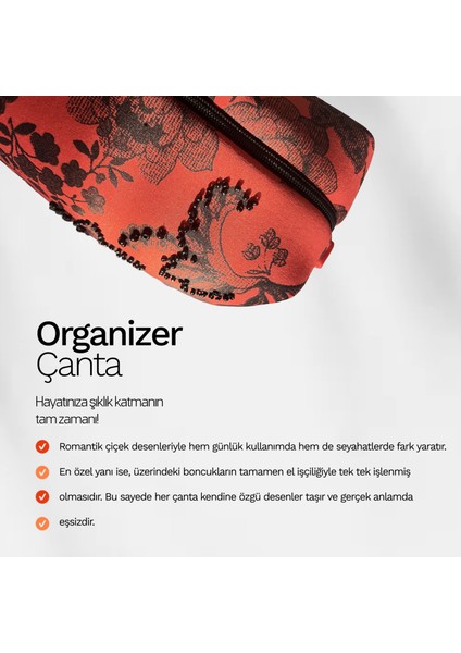 El Yapımı Boncuk İşlemeli Organizer Çanta - Neopren Kumaş - Fermuarlı - Çok amaçlı -Makyaj / Kalemlik / Seyahat Çantası (20x11x11 cm) - Geniş Boy modelleri