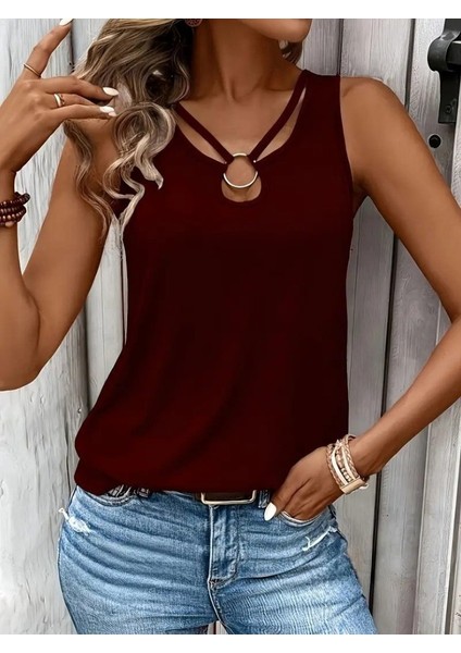 Kadın Askılı Yaka Şerit Halka Detaylı Viskon Bluz