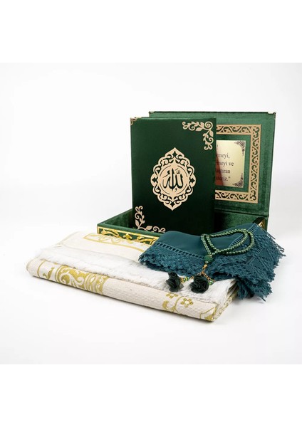 Şal + Seccade + Tesbih + Kuran Hediye Seti (Orta B. Şems Lafzatullah Gold Pleksi Raşel Kutu, Yeşil)