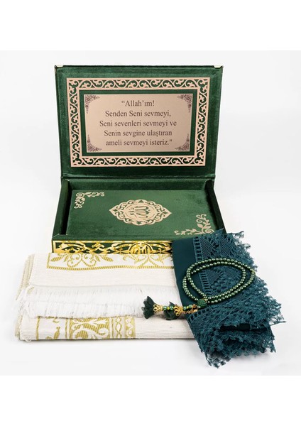 Şal + Seccade + Tesbih + Kuran Hediye Seti (Orta B. Şems Lafzatullah Gold Pleksi Raşel Kutu, Yeşil) fiyatları