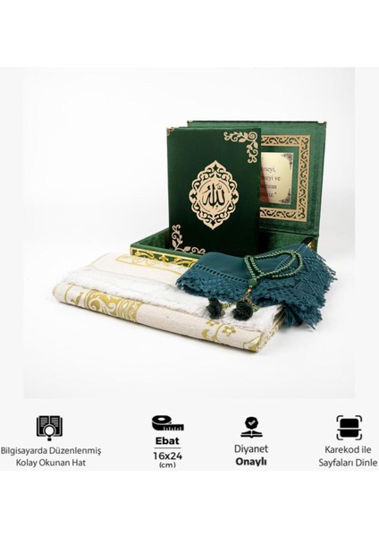 Şal + Seccade + Tesbih + Kuran Hediye Seti (Orta B. Şems Lafzatullah Gold Pleksi Raşel Kutu, Yeşil) modelleri