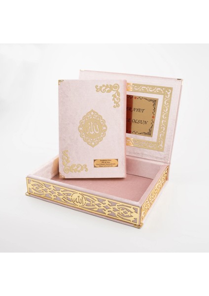 Raşel Kutulu Hediyelik Kuran-I Kerim (Orta Boy, Bebe Pembe, Şems Lafzatullah Gold Pleksi)