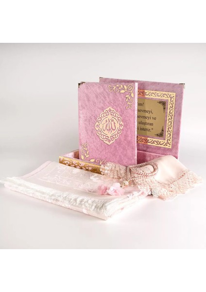 Şal + Seccade + Tesbih + Kuran Hediye Seti (Orta B. Şems Lafzatullah Gold Pleksi Raşel Kutu, B.pembe