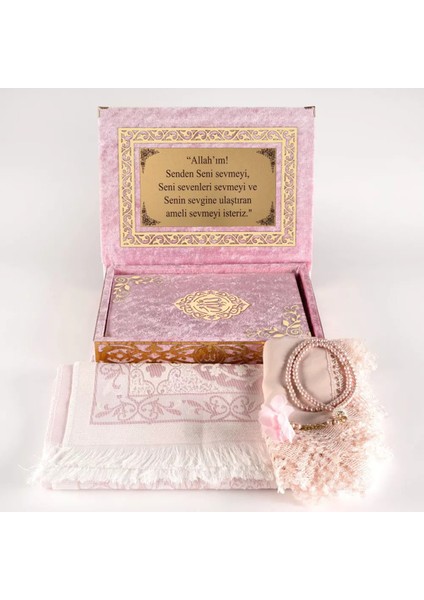 Şal + Seccade + Tesbih + Kuran Hediye Seti (Orta B. Şems Lafzatullah Gold Pleksi Raşel Kutu, B.pembe fiyatları