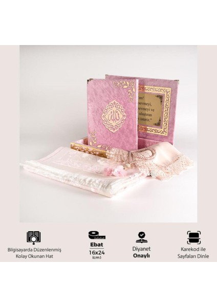 Şal + Seccade + Tesbih + Kuran Hediye Seti (Orta B. Şems Lafzatullah Gold Pleksi Raşel Kutu, B.pembe modelleri