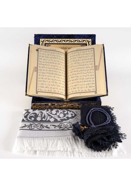 Raşel Kutulu, Şal + Seccade + Tesbih + Kuran Hediye Seti (Orta Boy, Lacivert, Elif-Vav)