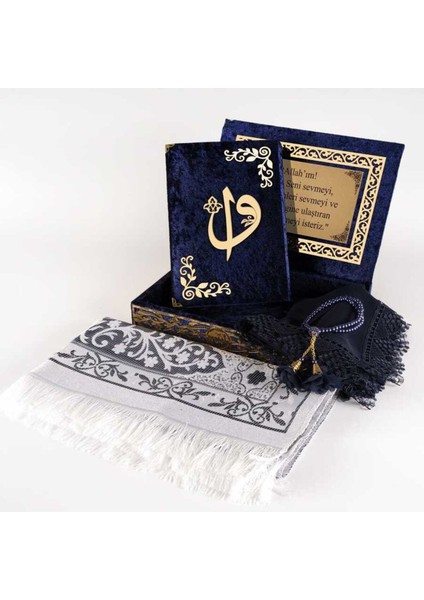 Raşel Kutulu, Şal + Seccade + Tesbih + Kuran Hediye Seti (Orta Boy, Lacivert, Elif-Vav) modelleri