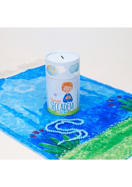 Benim Seccadem Kumbaralı Mavi Silindir Kutulu Çocuk Seccade Seti