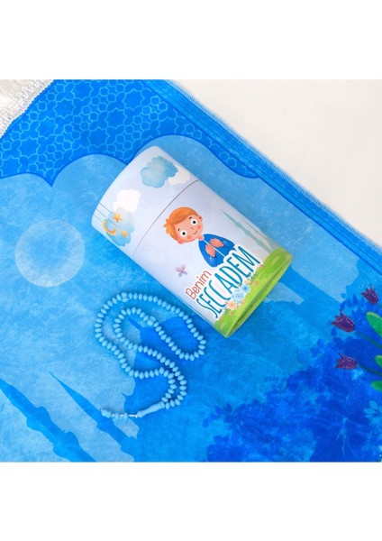 Benim Seccadem Kumbaralı Mavi Silindir Kutulu Çocuk Seccade Seti modelleri