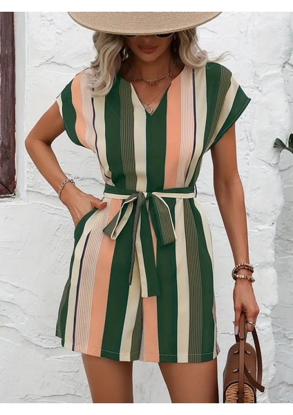 Kadın Kısa Kollu V Yakalı Beli Kuşaklı Keten Tulum indirimleri