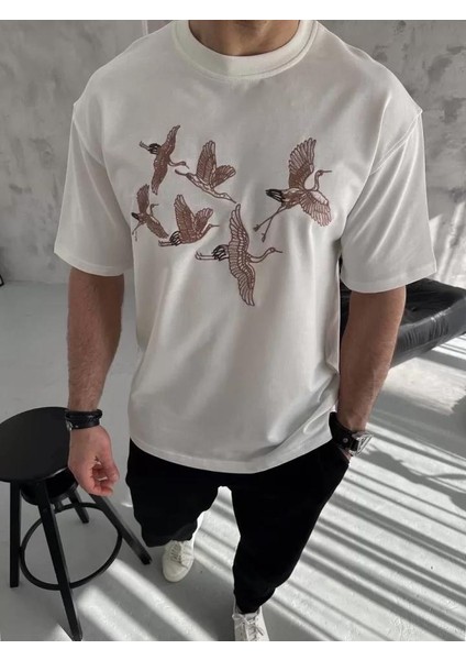 Unisex Nakış Işlemeli T-Shirt - Beyaz fiyatları