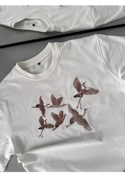 Unisex Nakış Işlemeli T-Shirt - Beyaz modelleri