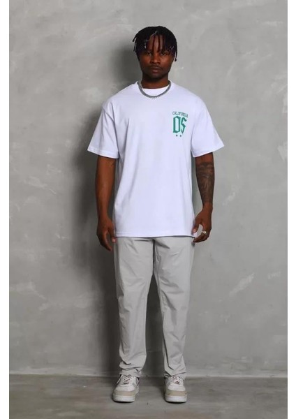 Unisex Oversize Baskılı Bisiklet Yaka T-Shirt - Beyaz