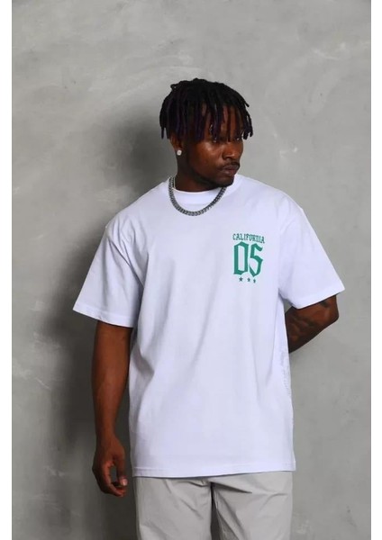 Unisex Oversize Baskılı Bisiklet Yaka T-Shirt - Beyaz modelleri