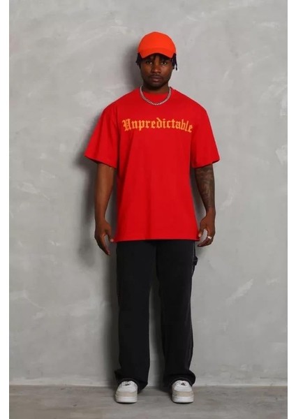 Unisex Oversize Baskılı Bisiklet Yaka T-Shirt - Kırmızı