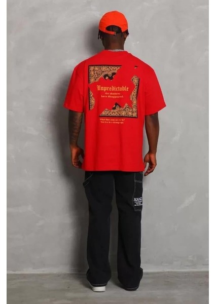 Unisex Oversize Baskılı Bisiklet Yaka T-Shirt - Kırmızı fiyatları