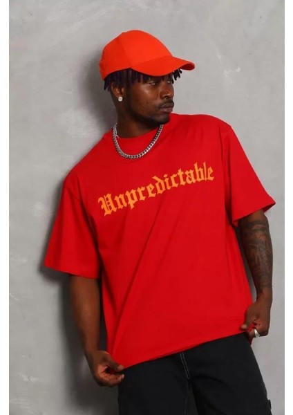 Unisex Oversize Baskılı Bisiklet Yaka T-Shirt - Kırmızı modelleri