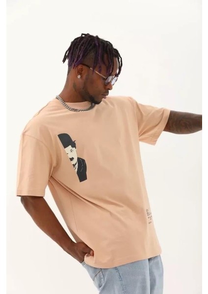 Unisex Oversize Baskılı Bisiklet Yaka T-Shirt - Bej modelleri