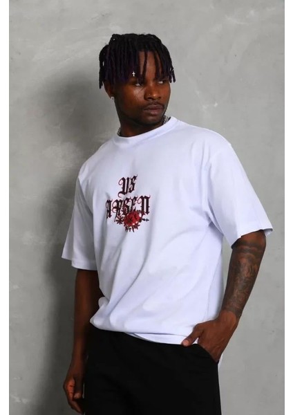 Unisex Oversize Baskılı Bisiklet Yaka T-Shirt - Beyaz