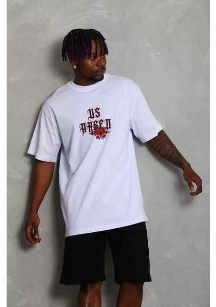 Unisex Oversize Baskılı Bisiklet Yaka T-Shirt - Beyaz fırsatları