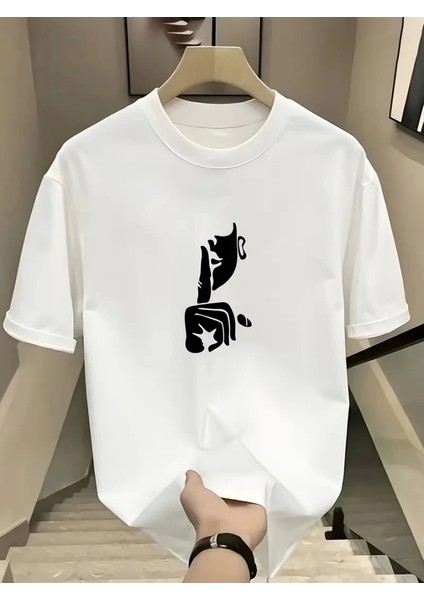 Rahat Bisiklet Yaka Tişört, Yaratıcı Karikatür Baskı - Yumuşak Polyester, Her Mevsim Giyilebilir- Beyaz