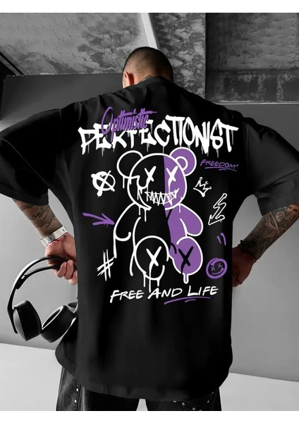 Baskılı Oversize Bisiklet Yaka T-Shirt - Siyah