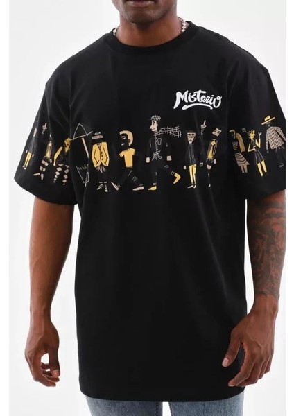 Unisex Bisiklet Yaka Baskılı Oversize T-Shirt - Siyah fiyatları