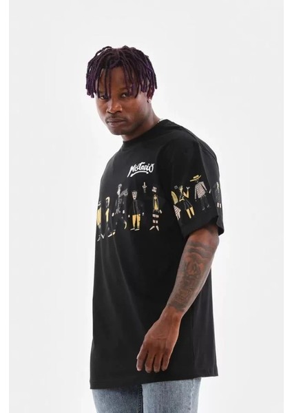 Unisex Bisiklet Yaka Baskılı Oversize T-Shirt - Siyah modelleri