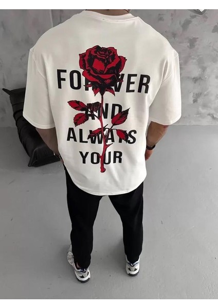 Unisex Bisiklet Yaka Baskılı Oversize T-Shirt - Beyaz modelleri