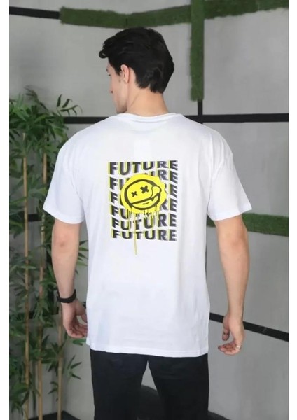 Unisex Bisiklet Yaka Baskılı Oversize T-Shirt - Beyaz fırsatları