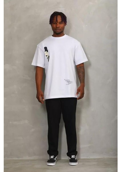 Unisex Oversize Baskılı Bisiklet Yaka T-Shirt - Beyaz fırsatları