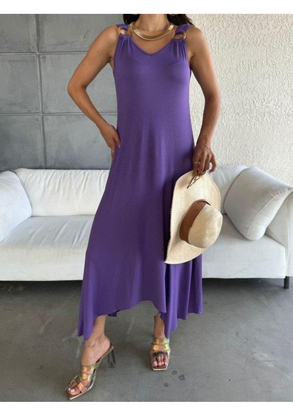 Kadın Çan Dokuma Kumaş V Yaka Asimetrik Kesim Elbise