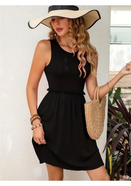 Kadın Kolsuz Bel Lastik ve Büzgü Detay Viskon Mini Elbise