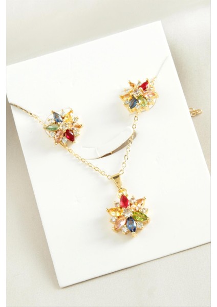 Çiçek Zirkon Taşlı Set Kolye