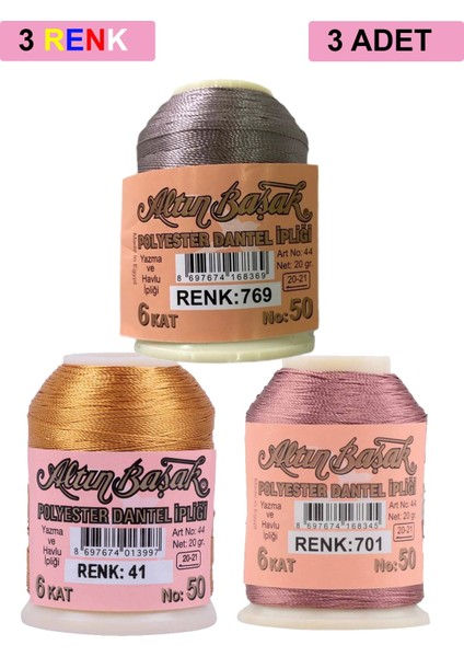 3 Adet Altınbaşak Oya ve Dantel Ipi 20 gr - Royaleks - No: 041 - 701 - 769