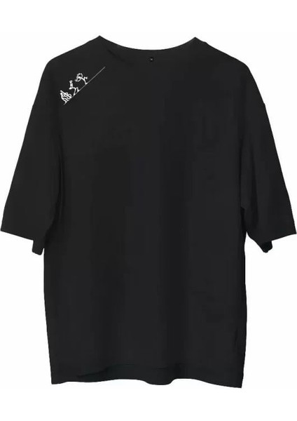 Unisex Bisiklet Yaka Baskılı Oversize T-Shirt - Siyah