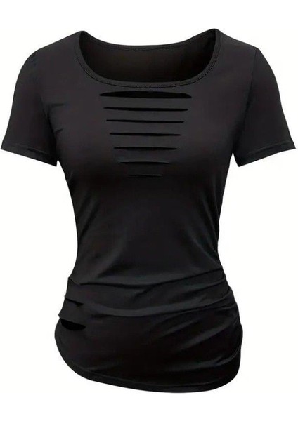 Kadın Kısa Kollu Yakası Açık Lazer Kesik Detaylı Viskon Bluz fırsatları