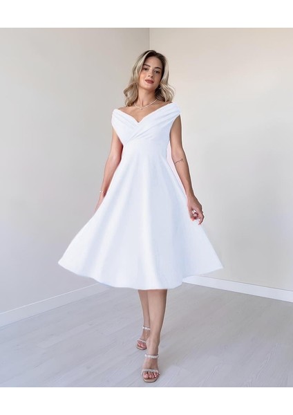 Kadın Kısa Kollu Kruvaze Yaka Eteği Volanlı Krep Elbise modelleri