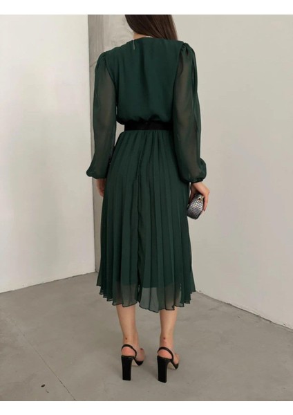 Kadın Şifon Kumaş Astalı Kloş Kesim Kruvaze Yaka Midi Boy Elbise modelleri