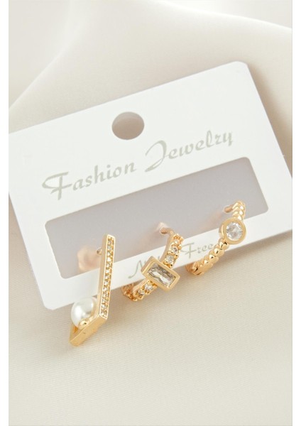 3 Adet Dikdörtgen Inci Zirkon Taşlı Küpe