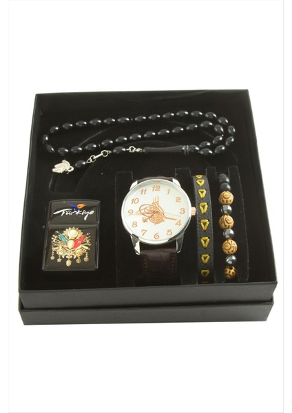 Tuğra Temalı Kol Saati Tesbih Bileklik ve Çakmak Kutulu Set