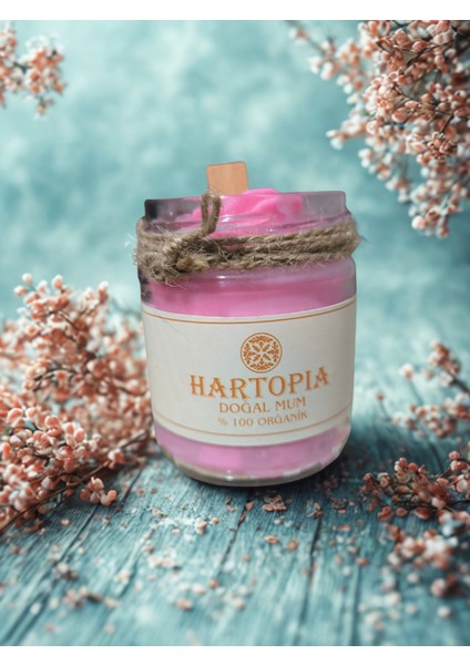 Hartopia-Doğal Gül Dekorlu Pembe Mum Cam Kavanoz