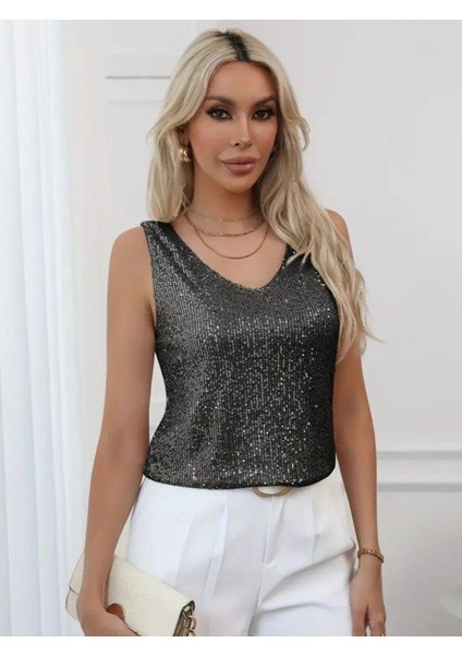 Pul Payetli Sıfır Kol Bluz -Siyah modelleri