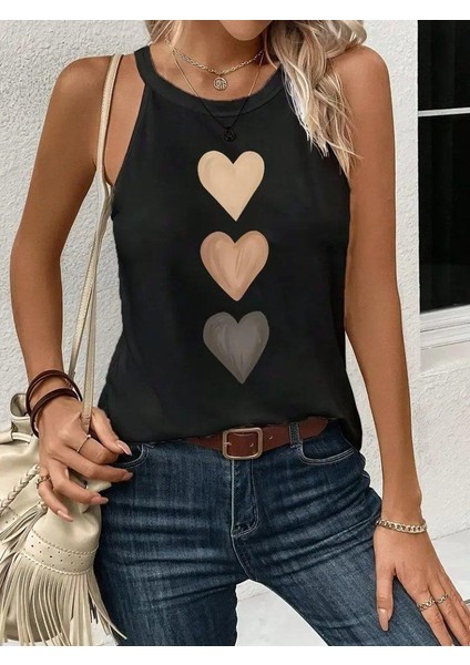 Kadın Omuzlardan Açık Boyundan Askılı Kalp Baskılı Viskon Bluz