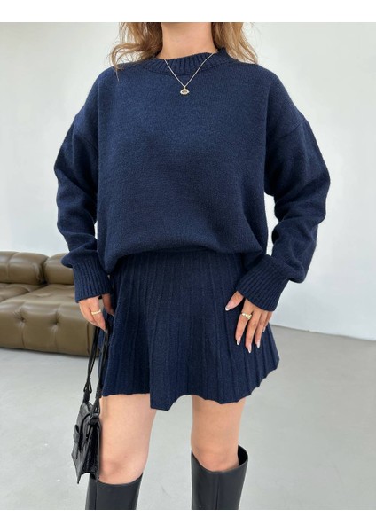 Triko Kumaş Pileli Etekli Hırka Takım