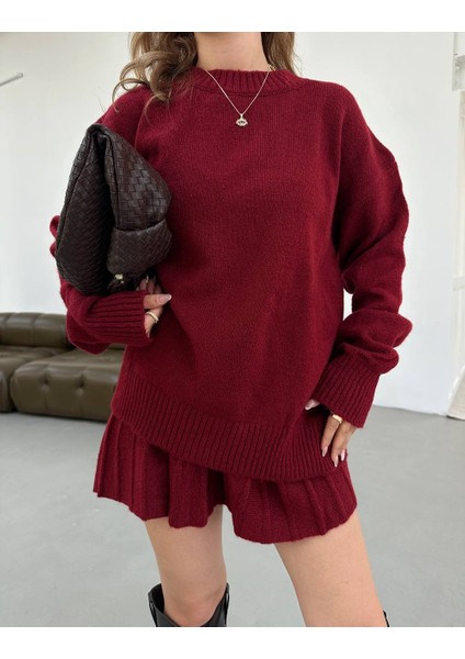 Triko Kumaş Pileli Etekli Hırka Takım