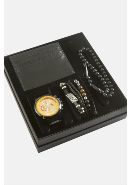 Metal Kol Saati Tesbih Bileklik ve Cüzdan Kutulu Set
