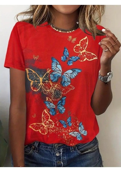 Kadın Kısa Kollu Mavi Sarı Kelebek Baskı Süprem Bluz